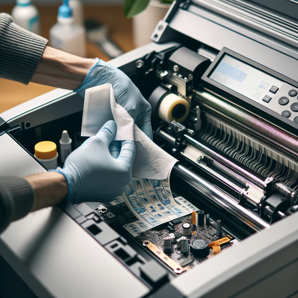 A thermal transfer label printer with an open printhead being cleaned by a person using an eco-friendly cleaning wipe, in a clean and professional set.