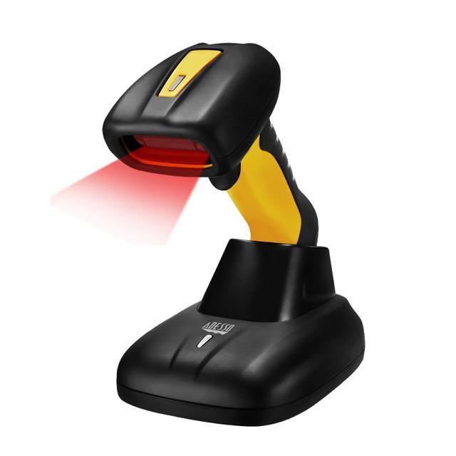 A wireless black and yellow barcode scanner