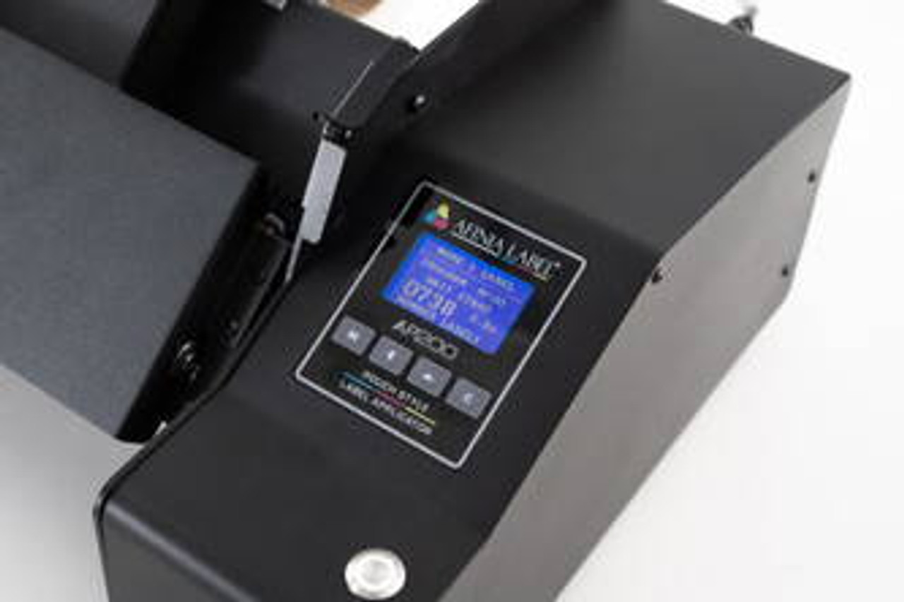 Afinia AP200 label applicator automating labeling in a manufacturing line.