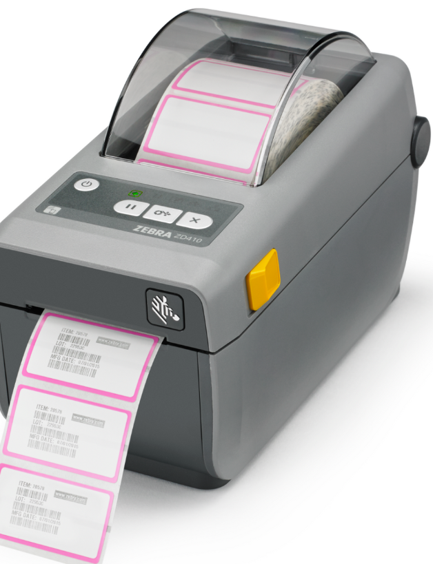 This image shows a grey thermal label printer.