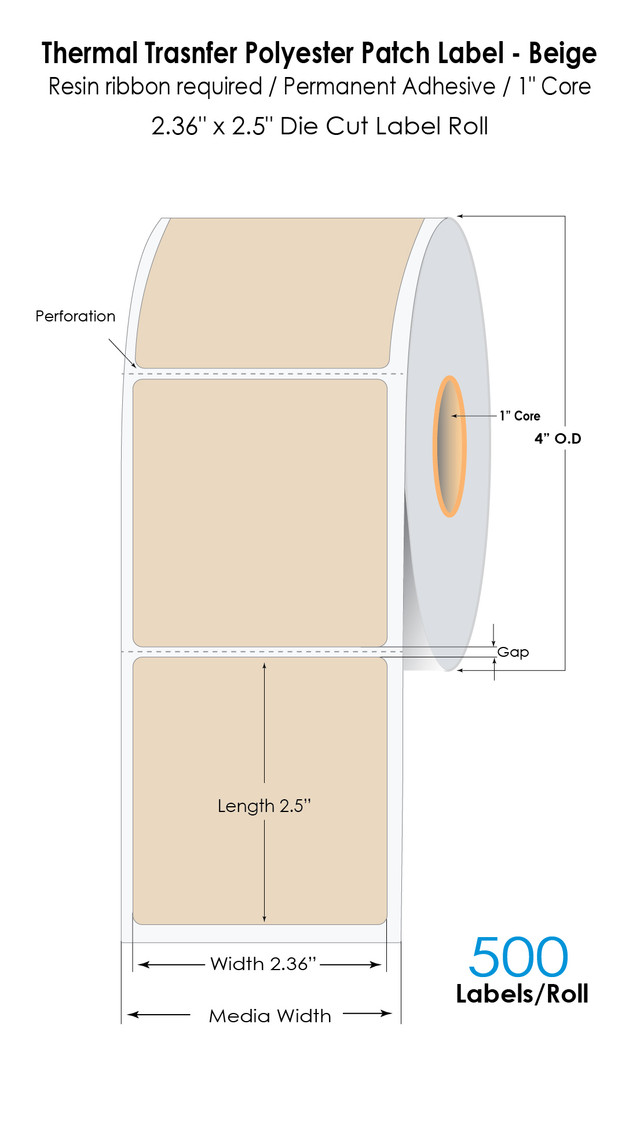 Beige polyester thermal transfer patch label roll