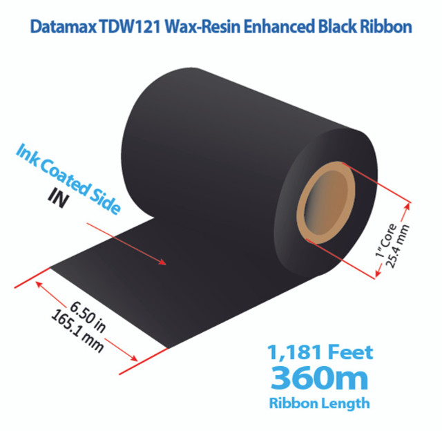 product image with dimensions of the Datamax TDW121 wax-resin enhanced ribbon with ink