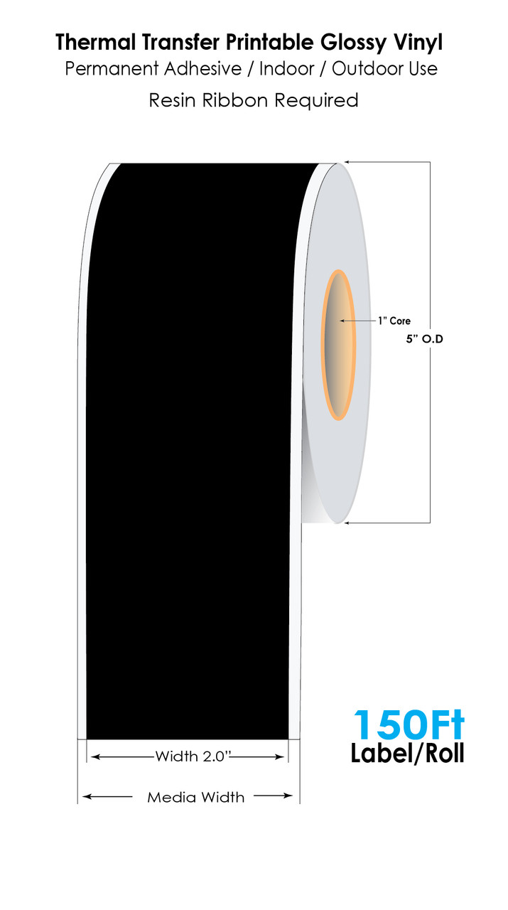 Black glossy vinyl label tape for long-lasting thermal transfer printing.