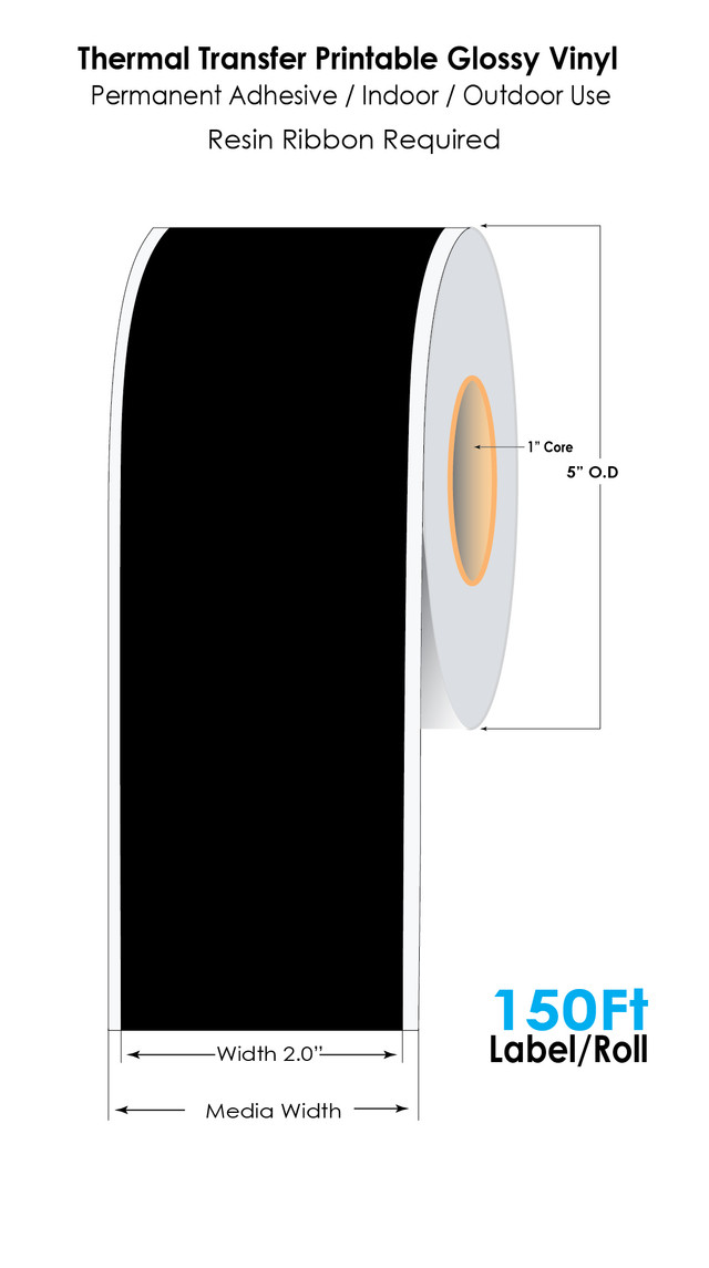 product image of the black glossy vinyl label roll with dimensions