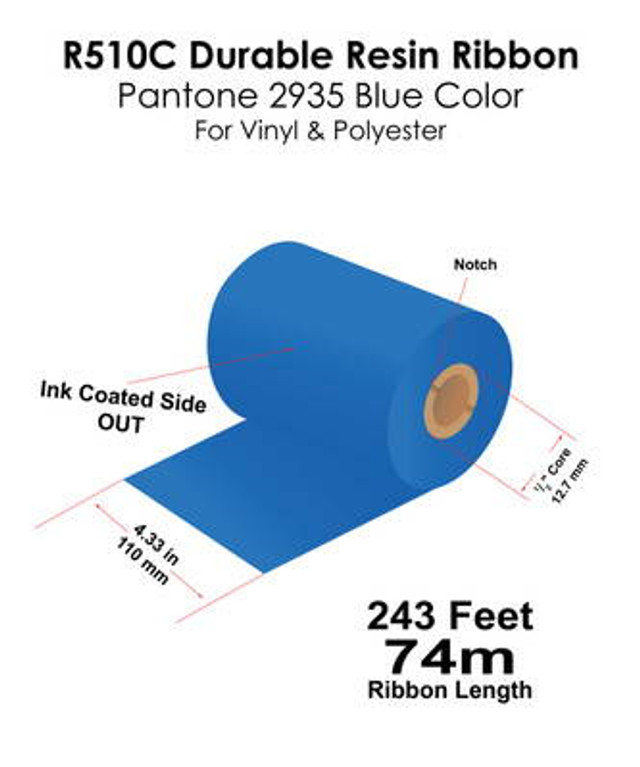 Blue resin ribbon for printing long-lasting vinyl labels on Zebra and TSC printers.