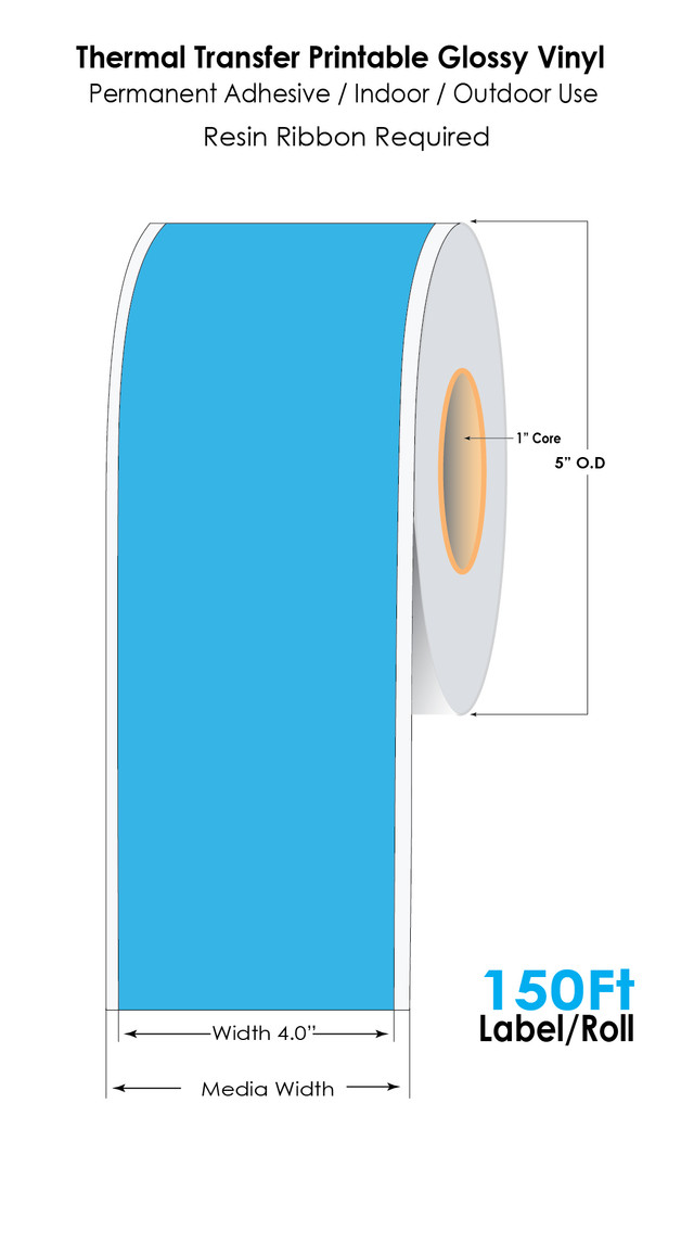 product image of the blue glossy vinyl label roll with dimensions