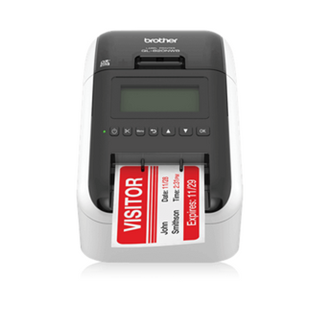Brother QL-820NWB portable wireless thermal label printer with Bluetooth and Wi-Fi.