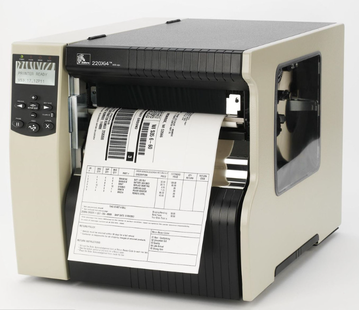 This image shows a white Zebra transfer printer.