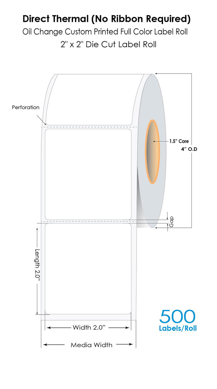 Custom printed colour oil change labels on a roll for automotive use.