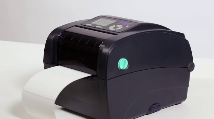 This image shows a black thermal transfer label printer.