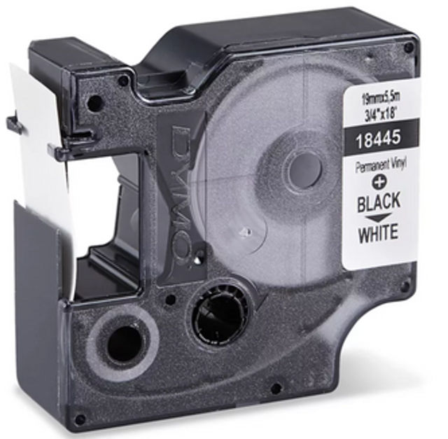 DYMO white vinyl label tape for industrial labeling and wire marking.