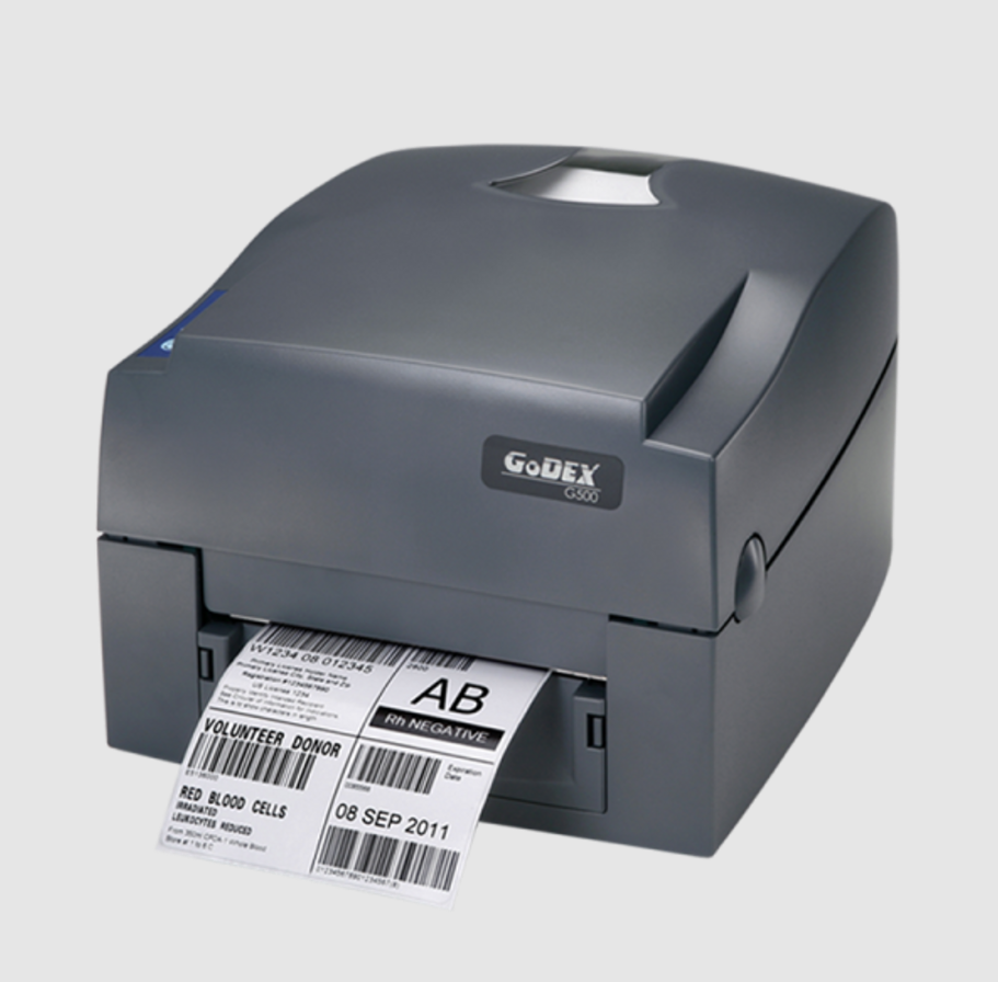 GoDEX G500 thermal transfer label printer producing high-resolution barcode labels