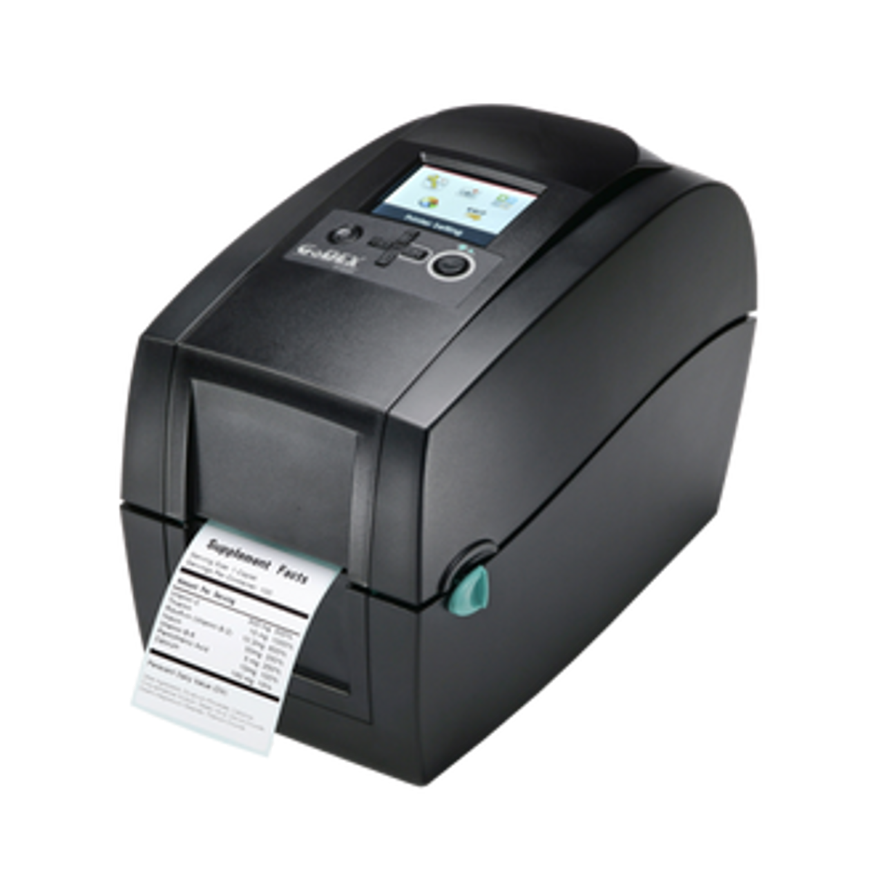GoDEX RT200i compact thermal transfer barcode printer with color display.