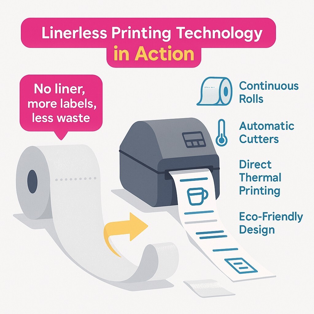 Infographic showing linerless labels feeding into a printer