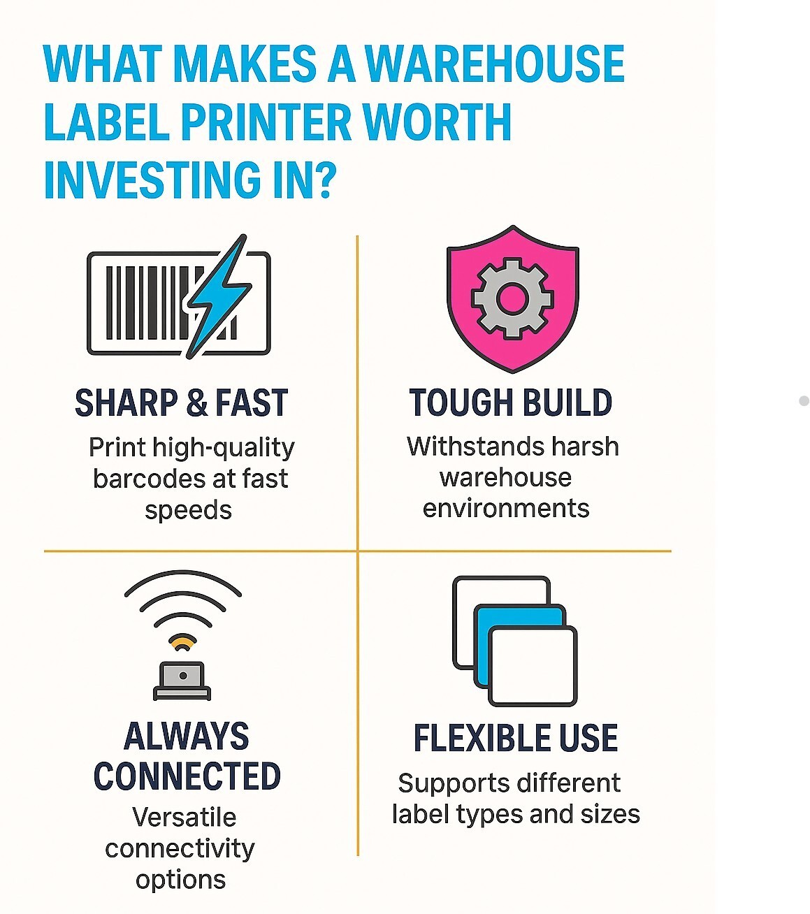 Infographic showing key features of warehouse label printers