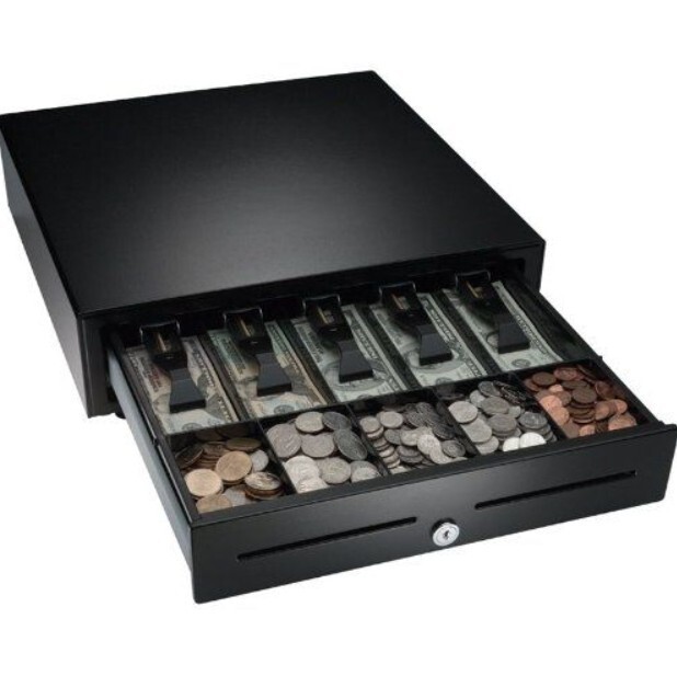 Cash drawer with cash and coins Cash drawer with cash and coins
