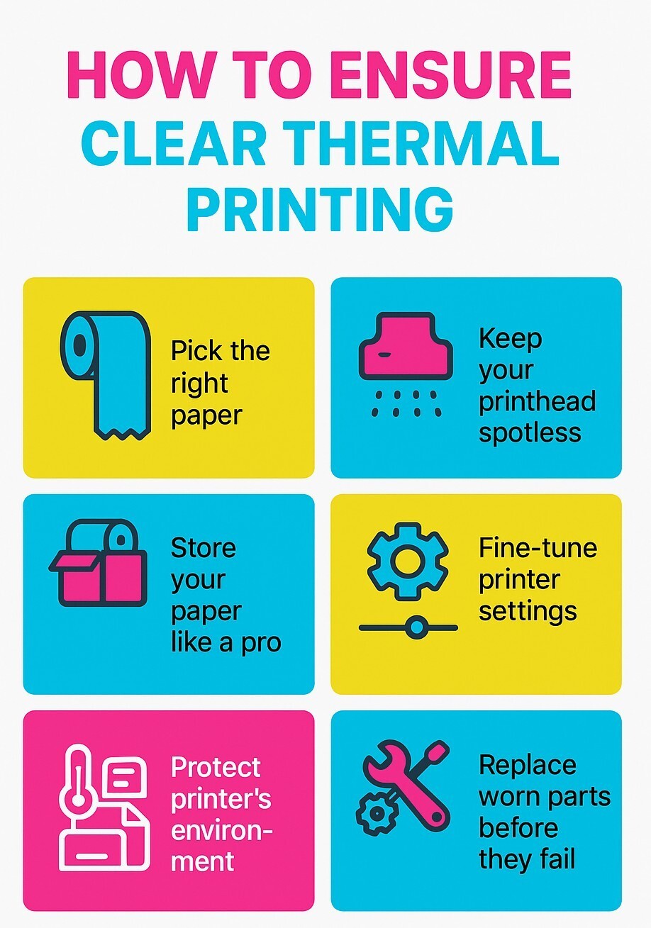 Infographic listing six tips to keep thermal printer prints clear