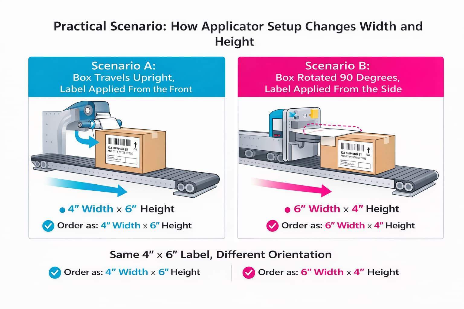 infographic showcasing How Applicator Setup Changes Width and Height of a label infographic showcasing How Applicator Setup Changes Width and Height of a label