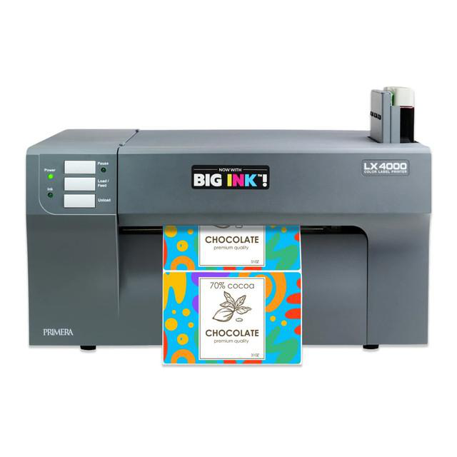 Color label printers use individual CMYK cartridge systems that allow each ink color to be replaced without discarding remaining colors.