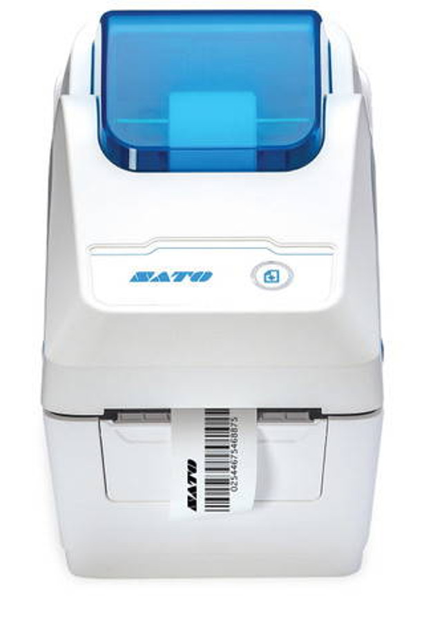 SATO WS208DT direct thermal label printer with built-in cutter and Bluetooth connectivity.