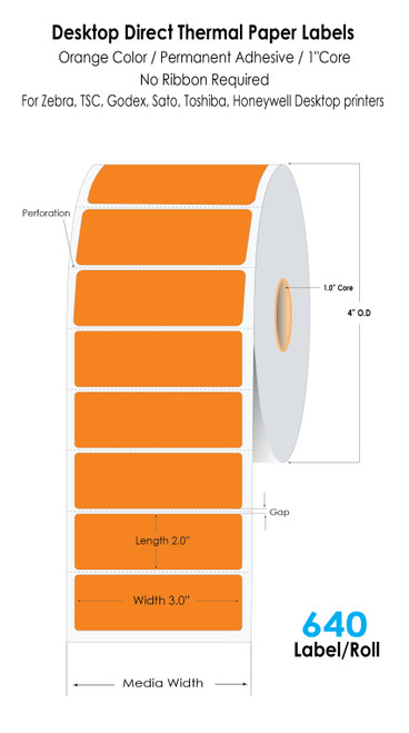 Orange Direct Thermal Labels - 3"x2" Paper Labels 640/Roll 1"Core/4"OD